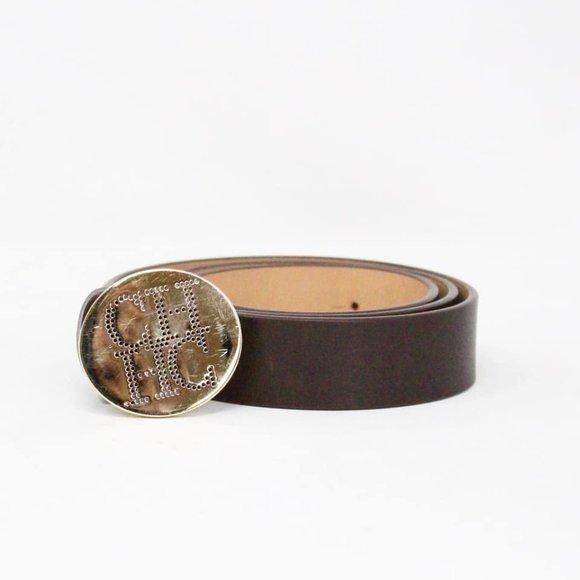 CAROLINA HERRERA #33930 Brown Leather Round Logo Buckle Belt - Picture 1 of 6